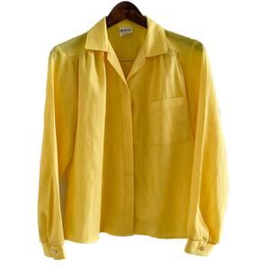 Vintage bright yellow light crinkle texture button down blouse size medium M